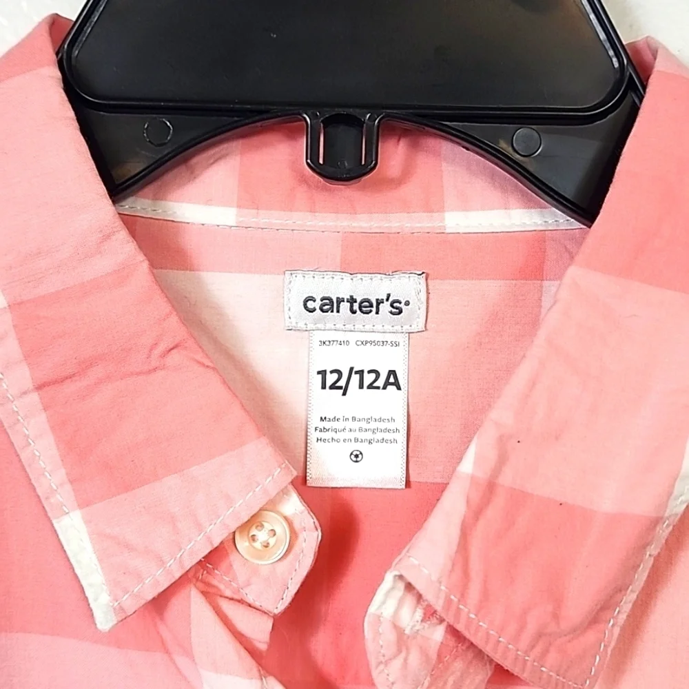 NWT Carter's Boy's Pink Checkered Kids Long Sleeve Button Front Shirt, sz 12-12A